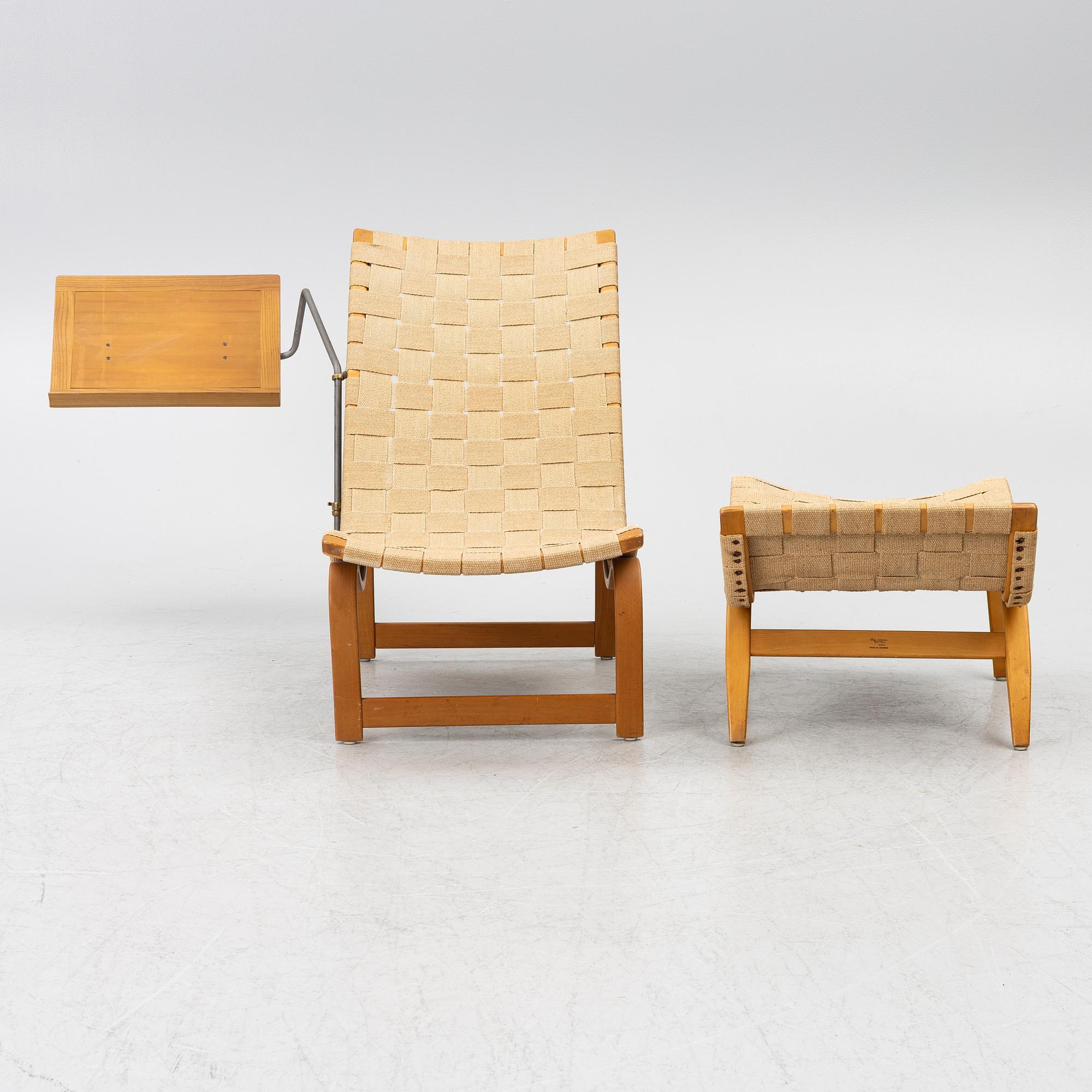 Bruno Mathsson, Chair, "Vilstol mod. 36", with reading table, and footstool "Pernilla", Karl Mathsson Company, Värnamo.