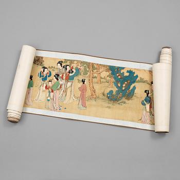 43. MÅLNING, handscroll, tusch och färg på siden samt kalligrafi.  Sen Qingdynastin (1644-1912).