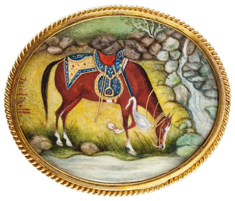 A RUSSIAN MINIATURE, set as a brooch, late 19th century/early 20th century.