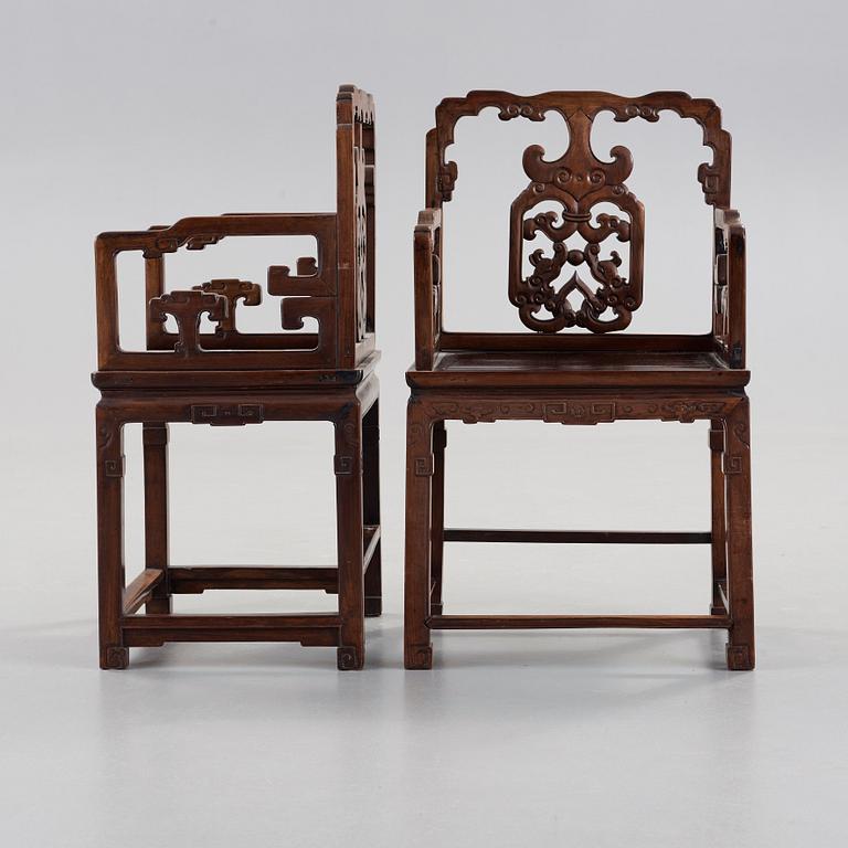 A pair of Zitan armchairs, 18/19th Century.