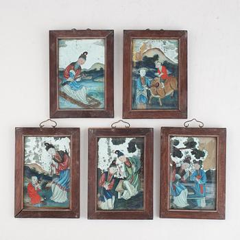 Five Chinese reverse glass paintings, 20th century.