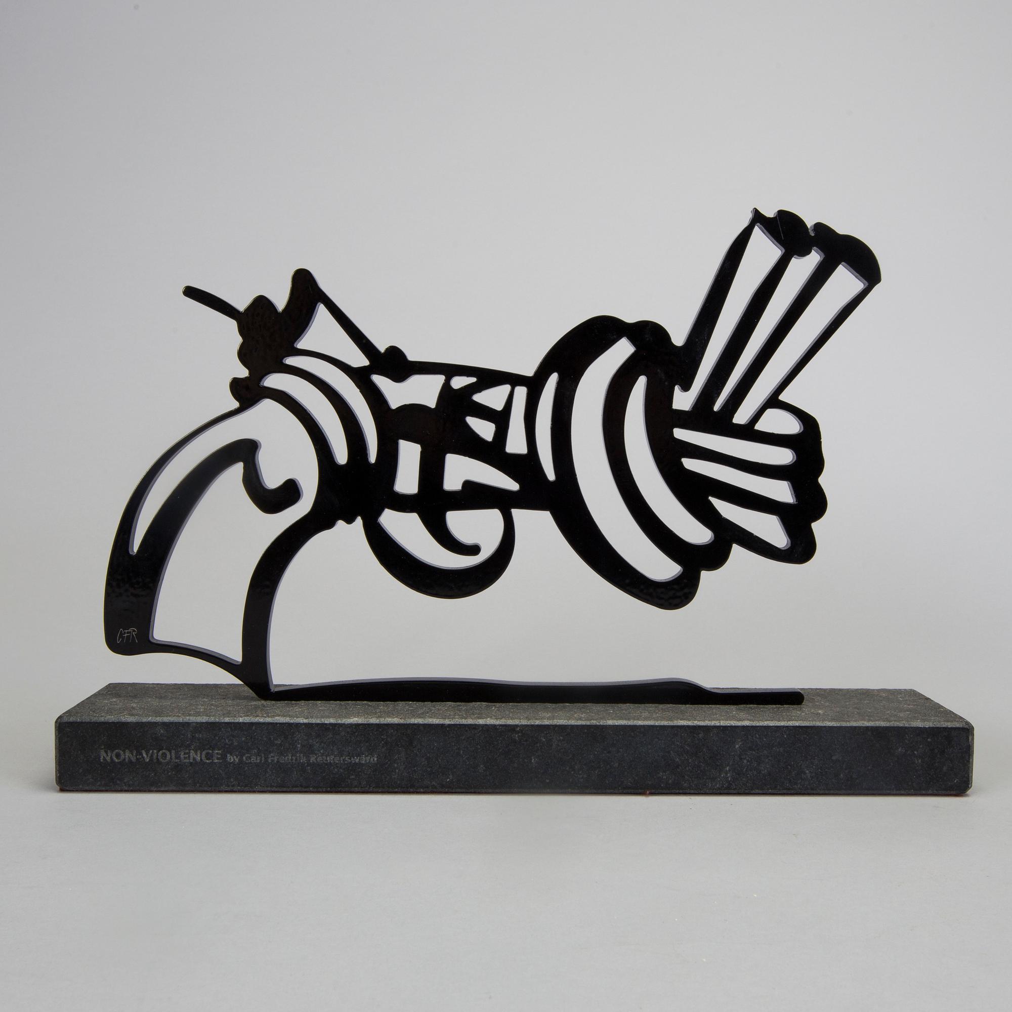 CARL FREDRIK REUTERSWÄRD, culpture, black painted steel on base of stone, signed CFR and numbered 2/50.