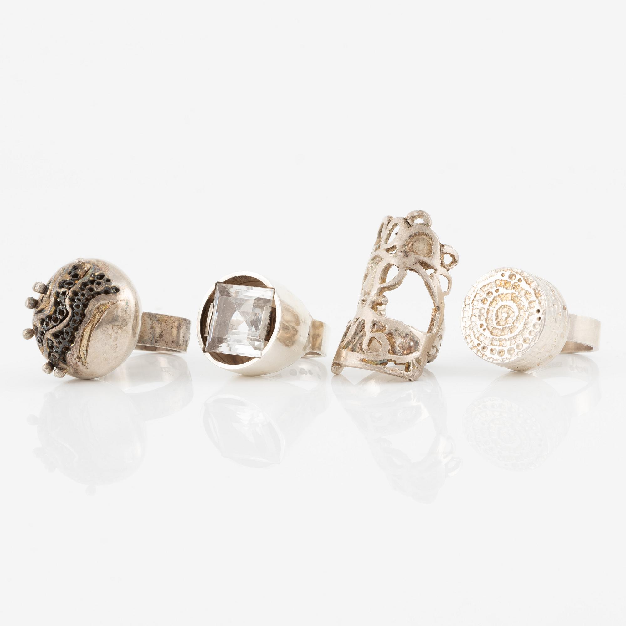 Lars Arby, four rings, sterling silver, Gothenburg 1964, 1967, 1971 and 1977.