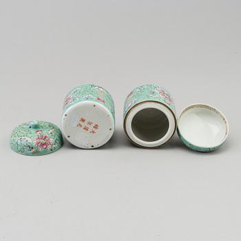 A lot of Chinese turquoise-ground porcelain vases, cups and lidded jars, 20th century.