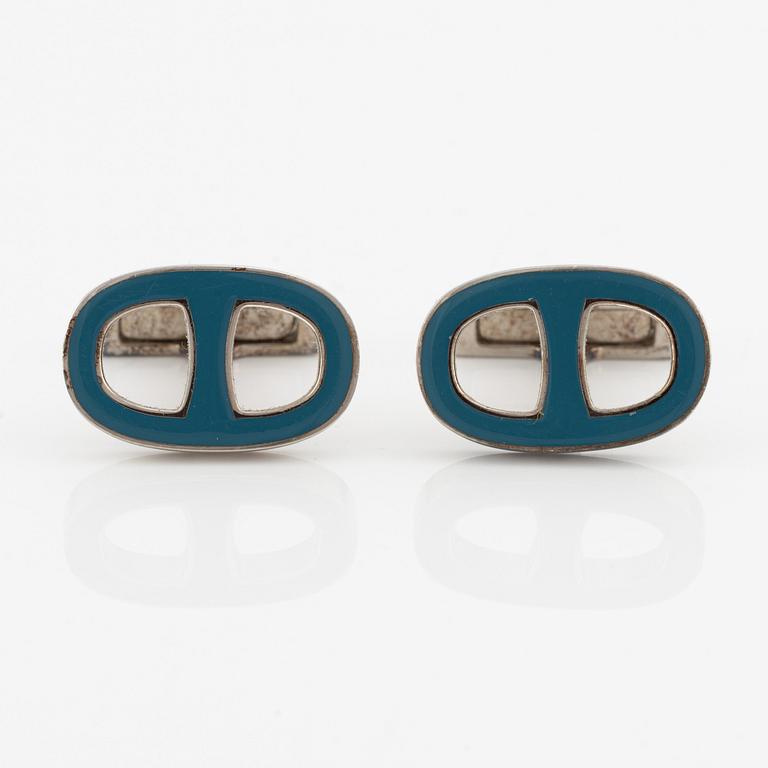 Hermès, manschettknappar, silverfärgad metall med emalj.