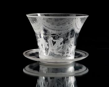 A Simon Gate 'Swedish Grace' engraved glass bowl with stand, Orrefors 1924.