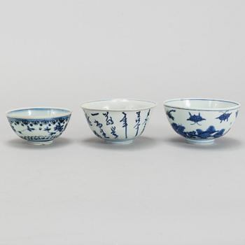 A group of three blue and white bowl, Ming dynasty (1368-1644).