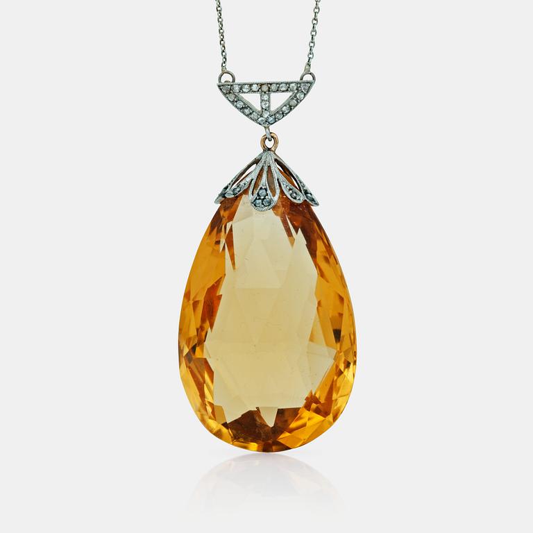 A circa 90.00 ct briolette-cut citrine and rose-cut diamond necklace.