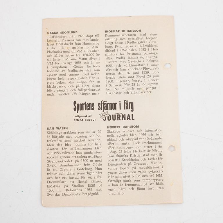 "Sports Stars", printed matter, idol pictures including Cassius Clay, Nacka Skoglund, Hemmets Journal, 1960s.