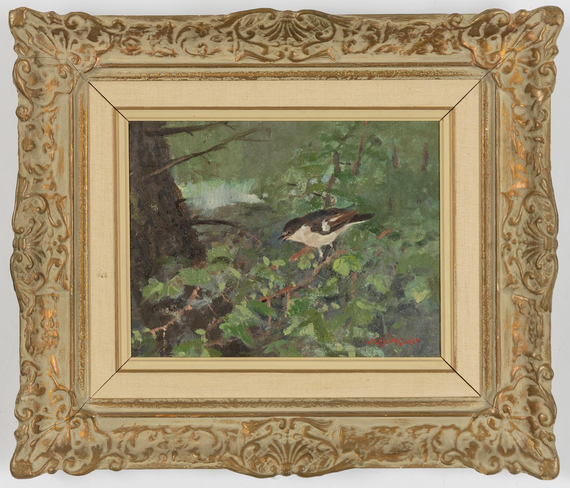 Nils Björkqvist, European pied flycatcher in greenery.