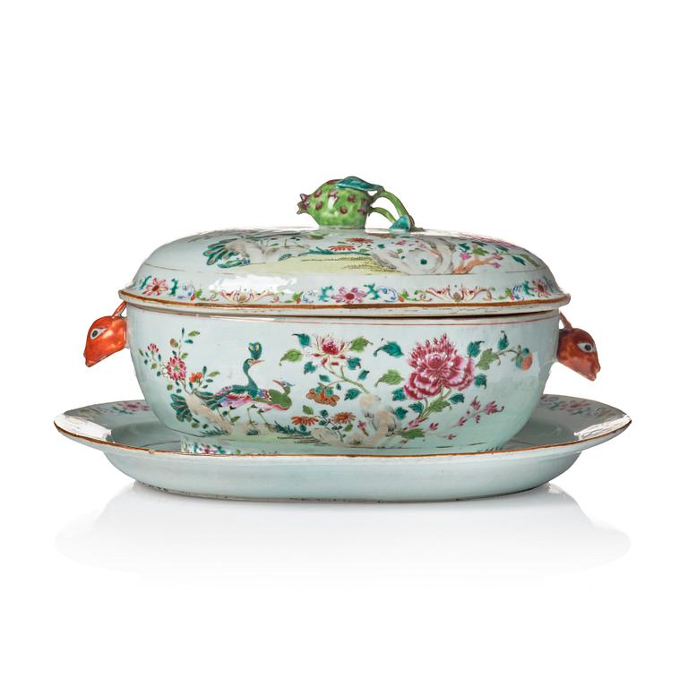 A famille rose 'double peacock' tureen with cover and stand. Qing dynasty, Qianlong (1736-95).