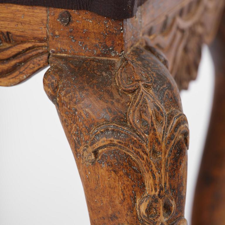 A pair of carved stools in the manner of Jonas Granberg, Jämtland, Sweden, mid 18th century.