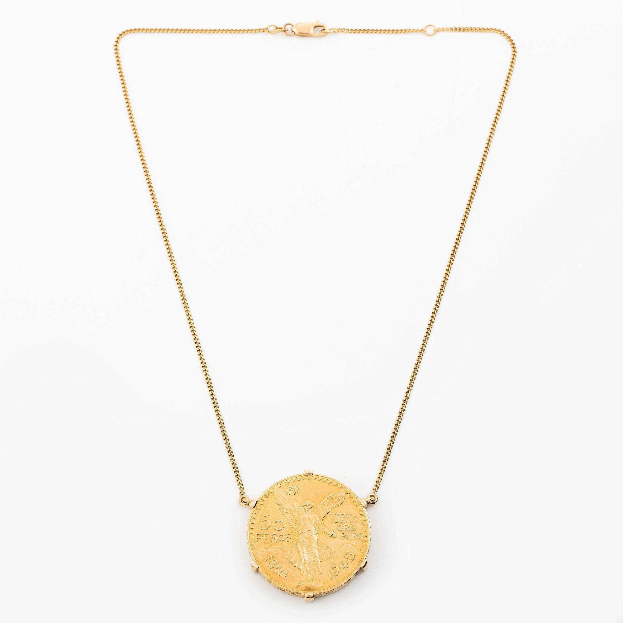Collier guld med infattat mexikanskt guldmynt.