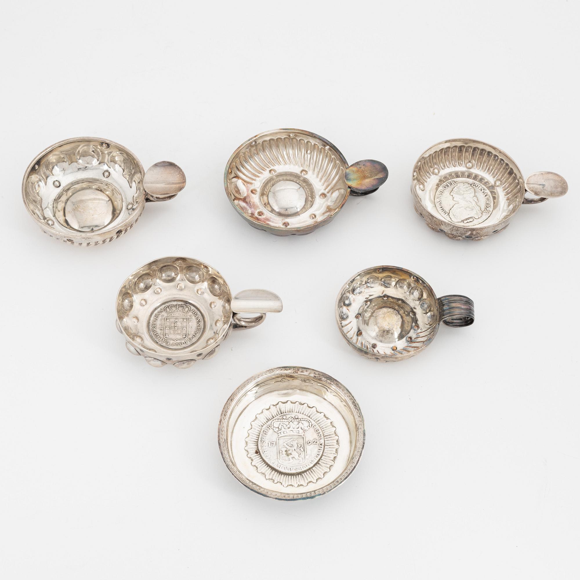 Six silver tastevin/wine tasting cups, including Gustave Keller, Paris, France, 19th/20th century.