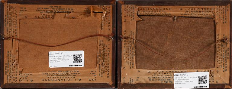 OIDENTIFIERAD KONSTNÄR, 2 st, oljor på pannå, signerade JV Nyberg och daterade 1936.