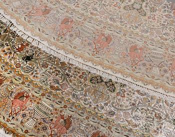 An oval pictoral silk carpet, ca 273 x 180 cm.