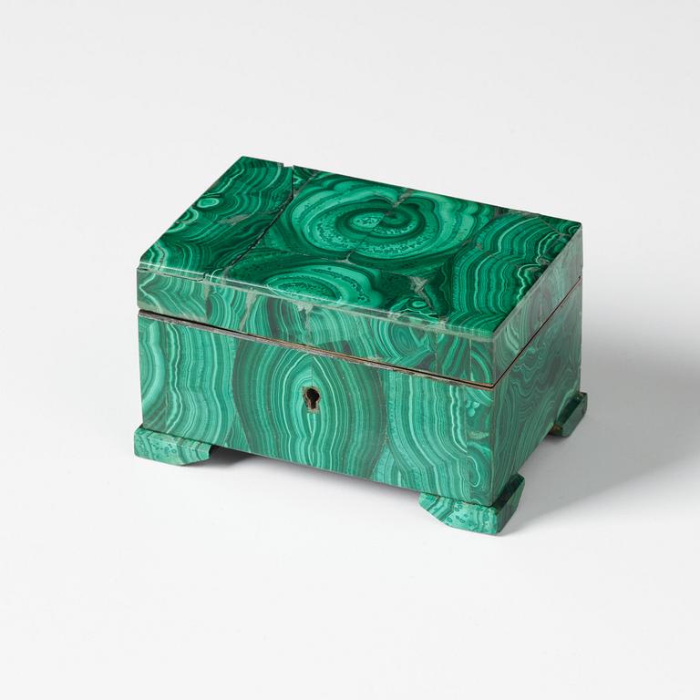 A Russian malachite-veneered box from Yekaterineburg Imperial Lapidary, circa 1900.