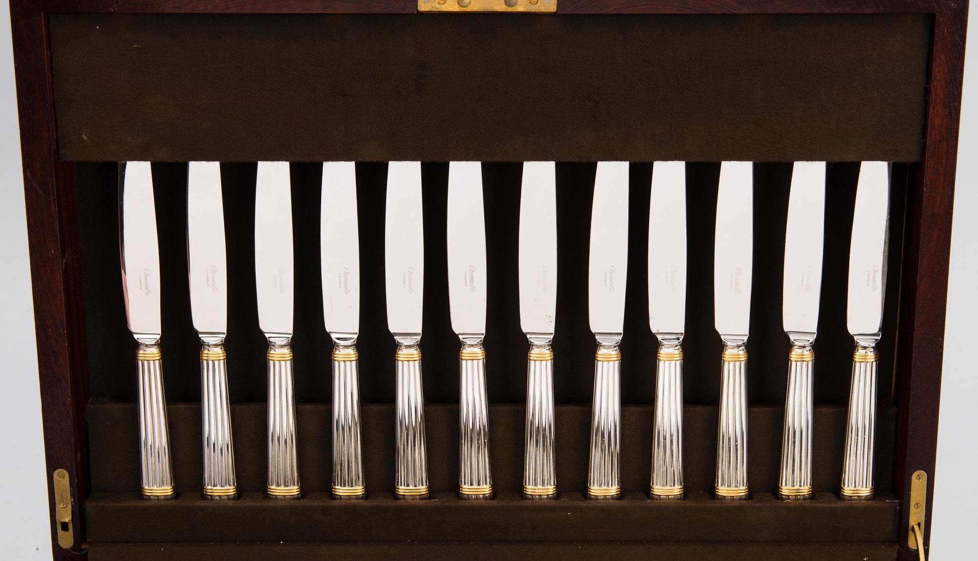 CHRISTOFLE 123-piece Aria Gold Ring Silver Plated Cutlery Set for Twelve persons.