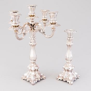 CANDELABRUM AND CANDLESTICK, silver, Kultakeskus Oy, Hämeenlinna, 1965 and 1975.