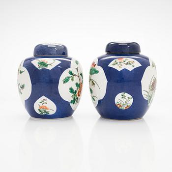A pair of famille verte jars with covers, China mid 20th century.