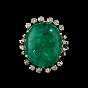 114. A cabochon cut emerald and diamond, 0.42 ct, ring.