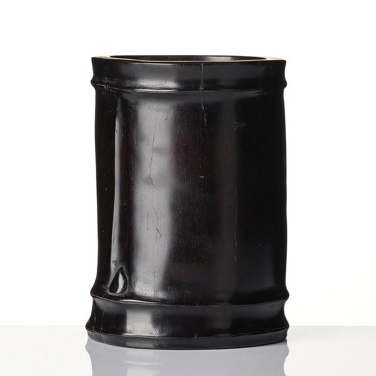 A hardwood bamboo shaped brushpot with a sceptre, China, 20th century.