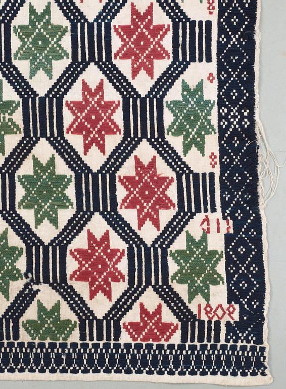 BED COVER, weft-patterned tabby type. "Star bed cover". 157 x 116,5 cm. Scania, Sweden, signed IID (?) and dated 1806 (9?). Probably Bara district.