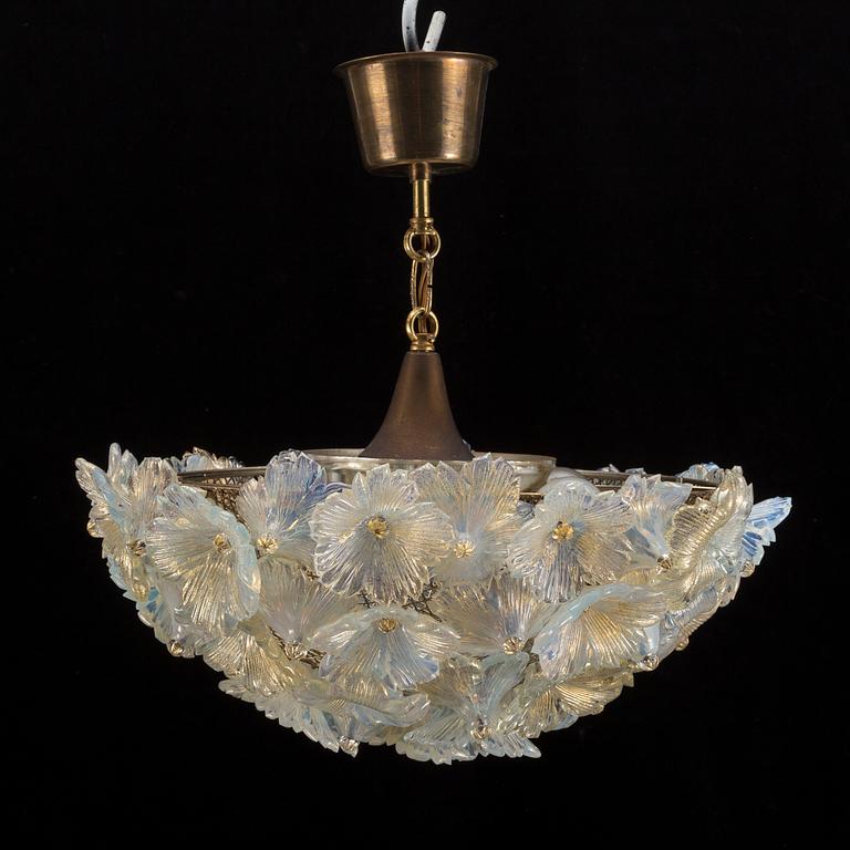 A 20th century glass and brass ceiling light, probably Murano, Italy.