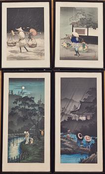 TRÄSNITT, 4 st. Japan, Hiroaki (Shotei) Takahashi. Omkring 1900.