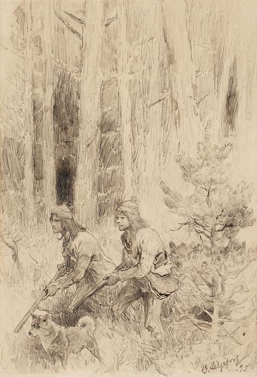 Bruno Liljefors, Forest landscape with hunters.