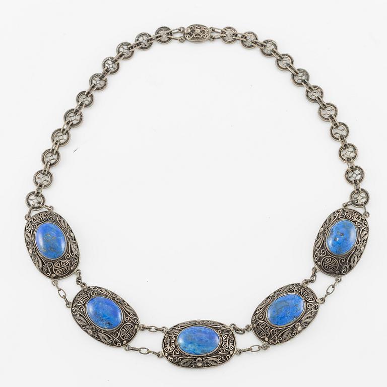 Necklace and earrings, silver with lapis lazuli.