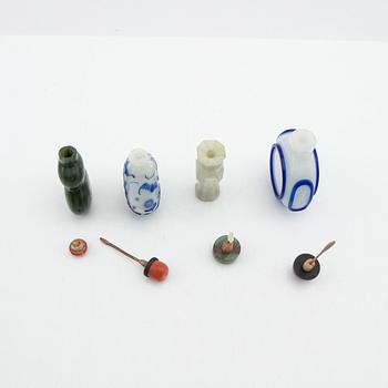 Snuff bottles, four pieces of Peking glass and stone. China, 20th century.