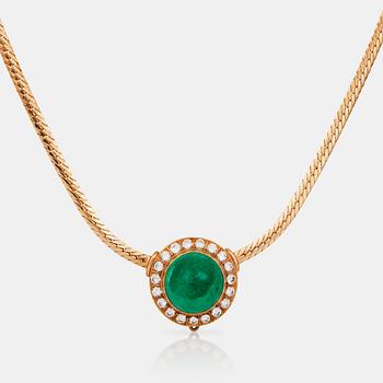 A circa 30.00 ct, probably Colombian, cabochon-cut emerald and circa 3.00 ct brilliant-cut diamond necklace.