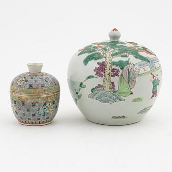 A famille rose jar with cover, box with cover and a dish and a bowl, China, circa 1900.