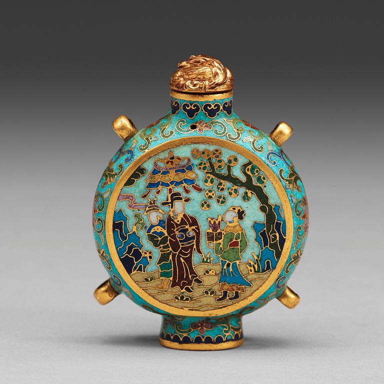 A cloisonné snuff bottle with stopper, presumably late Qing dynasty.