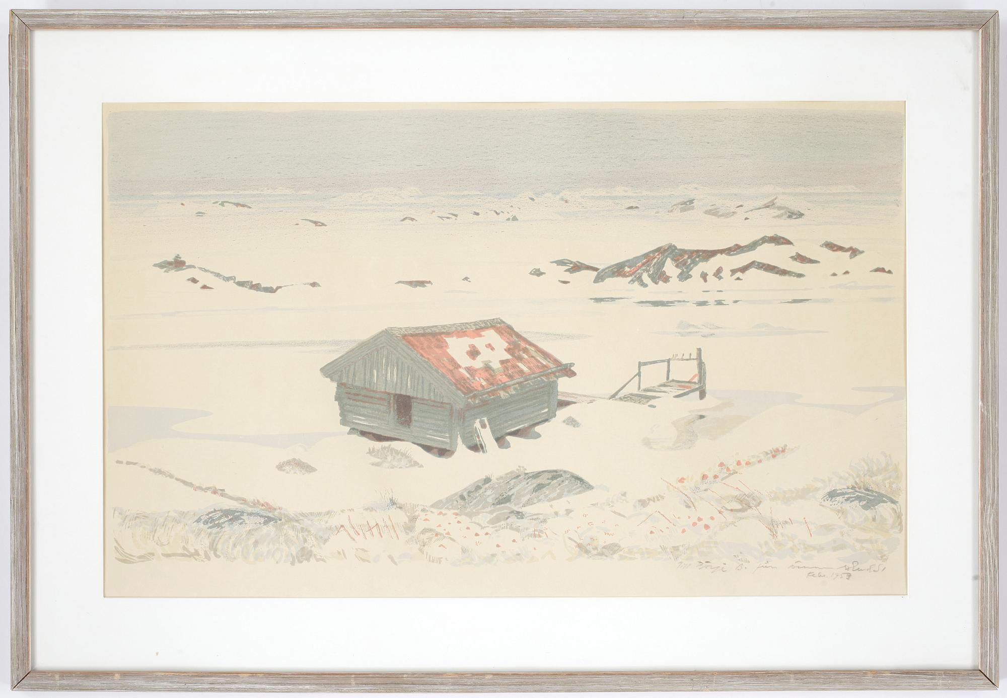 ROLAND SVENSSON, färglitografi. Signerad med dedikation feb 1953.