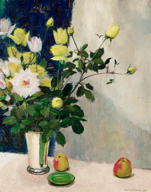 Olle Hjortzberg, Stilleben med rosor och äpplen.