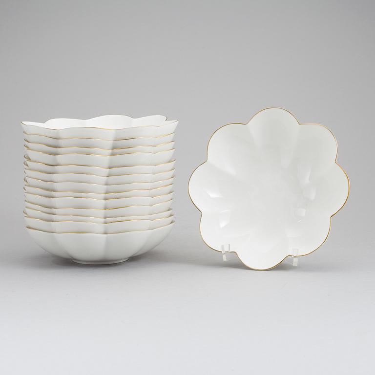 KARIN BJÖRQUIST, dessert bowls, (14 [12+2] ), bone china, "Nobel Jubilee 1991"+"Nobel", Rörstrand/Gustavsberg.