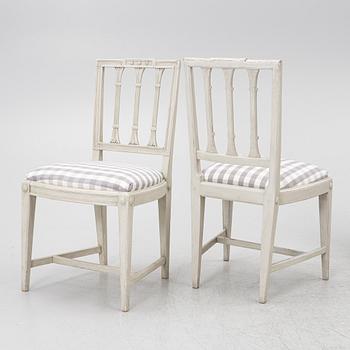 Three late Gustavian chairs, circa 1800. And one chair, late Gustavian style, 20th century.