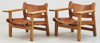 A pair of Børge Mogensen oak and leather 'Spanish Chair' by Fredericia Stolefabrik, Denmark.