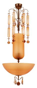 495. A 1920-30's glass and brass ceiling lamp.