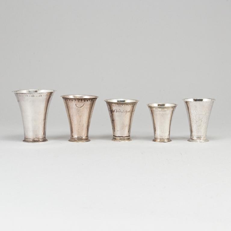 Five Swedish 18th century silver beakers.