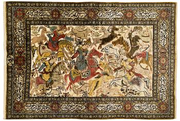 Matto, old, korkokuva silkki, Ghom, signeerattu, n. 151 x 105 cm.