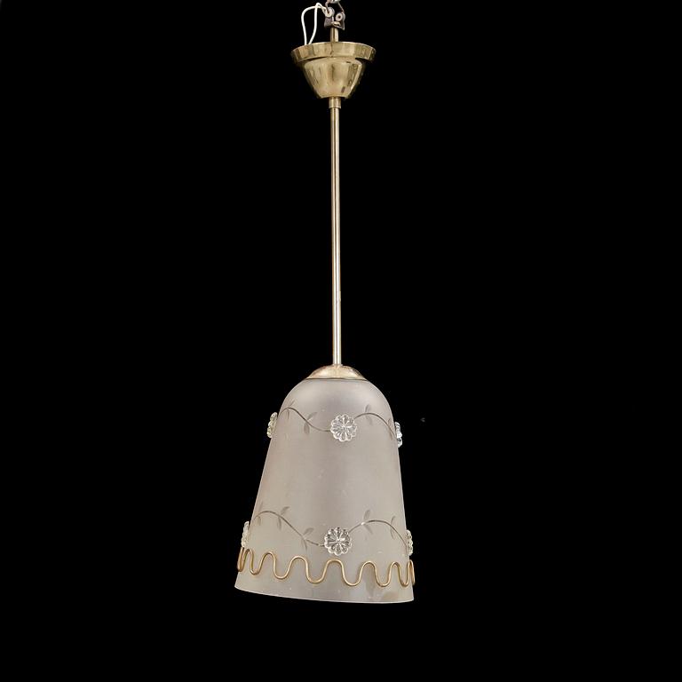 TAKLAMPA, glas och mässing, 1940-tal.