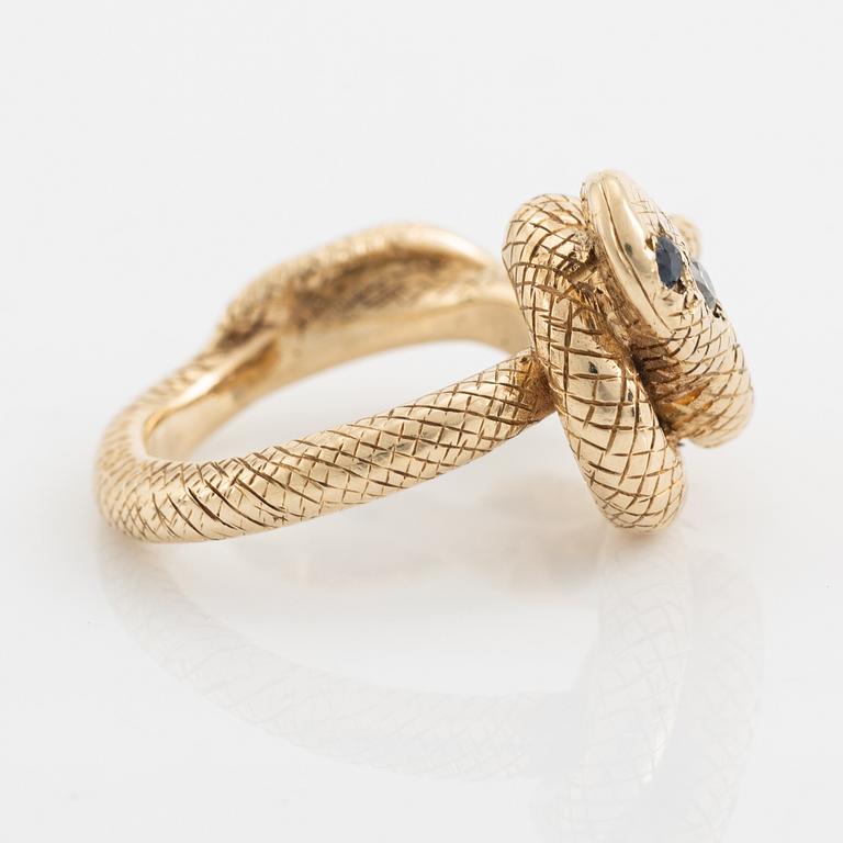 Brilliant cut diamond and sapphire serpent ring, 1800's.