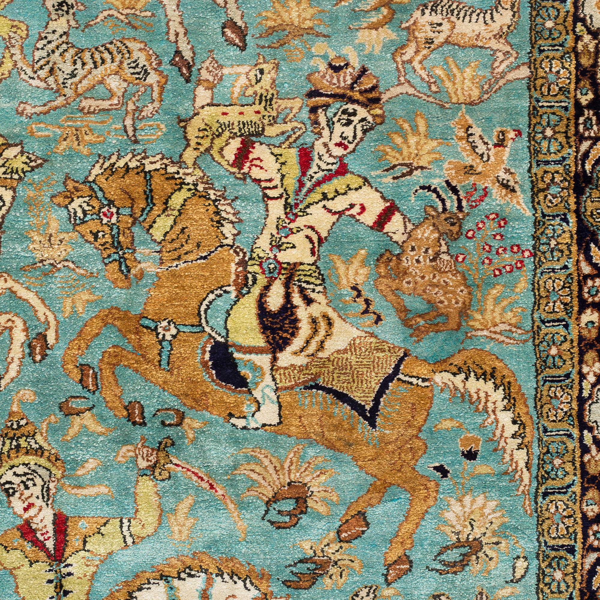 A RUG, an old silk Qum figural, ca 154,5 x 107,5 cm.