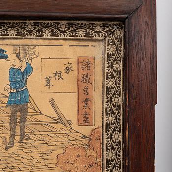 Two Chinese hardwood screens with Japanese woodblock prints, around 1900.