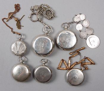 FICKUR, 6 st, mest silver, bla Thomas Russell & Son, England. Sent 1800-tal till tidigt 1900-tal.