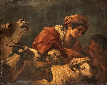 Paolo de Matteis Circle of, Gypsy with cattle and a boy playing a flute.