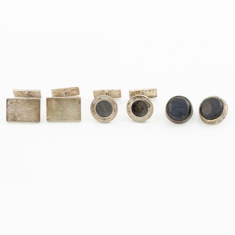PA Lundahl-Terrs, three pairs of cufflinks, sterling silver and spectrolite, Växjö 1965, 1966 and 1969.